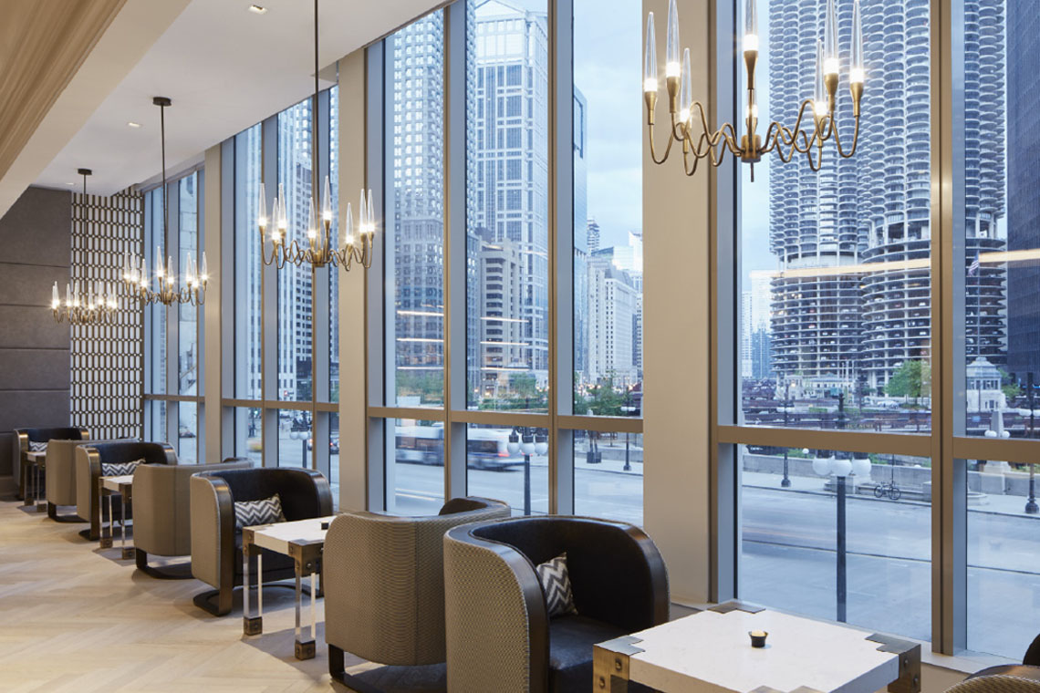 LondonHouse Hotel indoor seating with a view, interior lighting