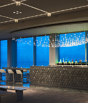 Marriott Marquis, McCormick Place social level bar seating with a view, interior lighting