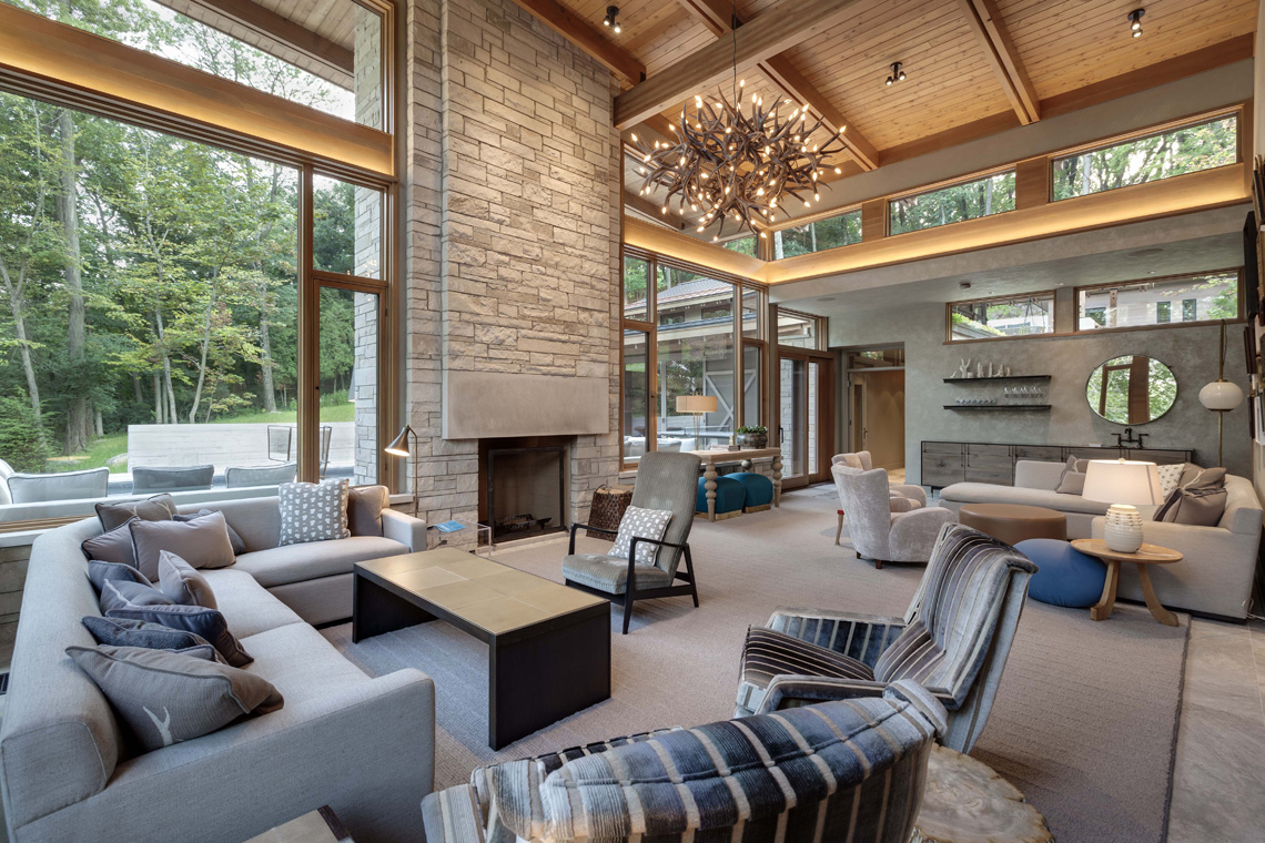 Pine Lake bar seating with a view, interior lighting