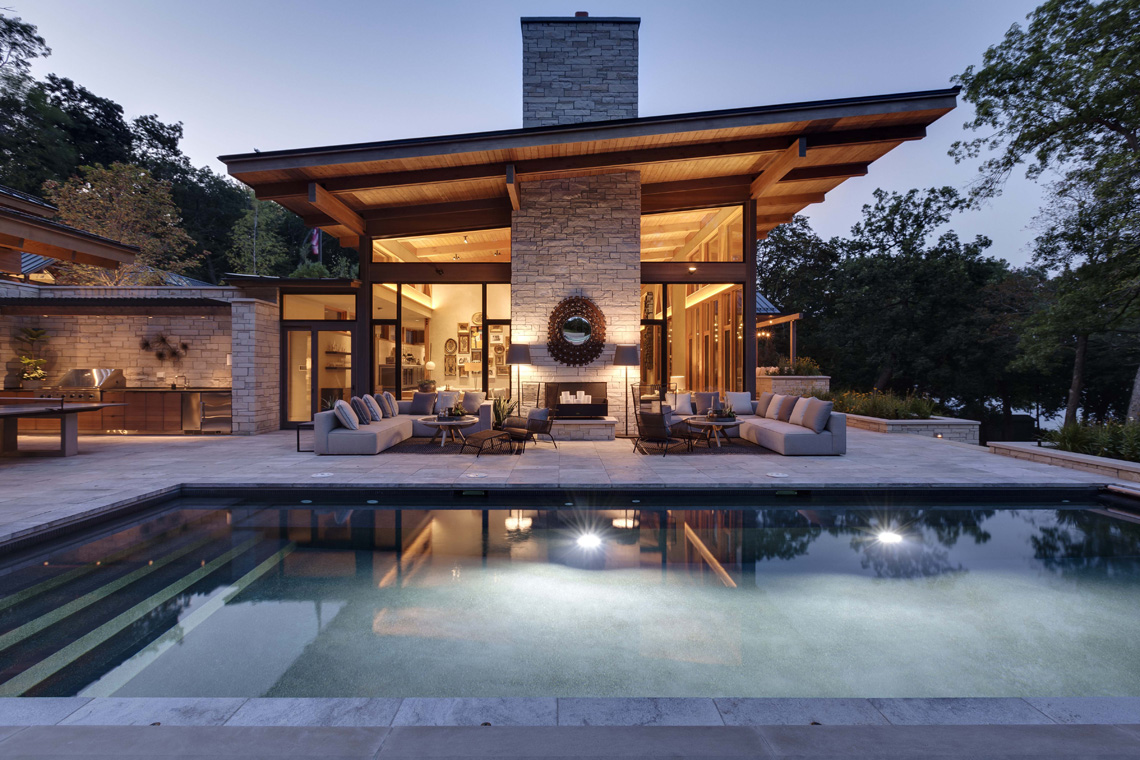 Pine Lake, exterior image, showing off lighting design